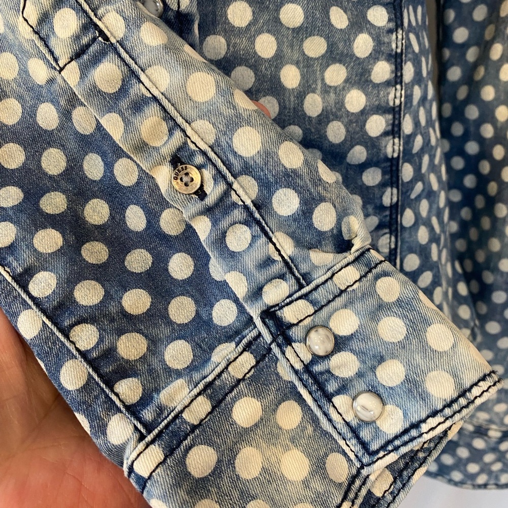 Guess Polka Dot Pearl Snap Button Front Denim Shirt SM Coastal Cowgirl Western - Picture 4 of 16